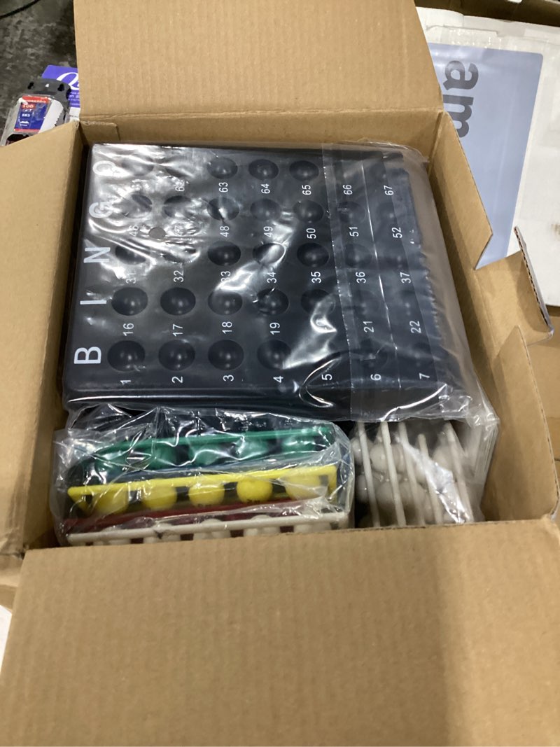 Condition photo showing New/Like New for deluxe bingo game for adults large group, includes 8" bingo cage with big storage bag, 1000 colorful chips,118 bingo cards,75 colored balls,75 white balls for replacement, master board and 2 small bag deluxe bingo game set