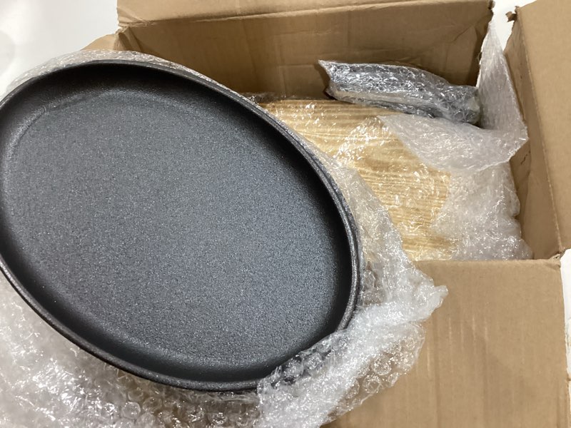 Condition photo showing Good Condition for foldtier 2 sets cast iron skillet set 10.63'' x 6.89'' fajita plate sizzling pan with wooden base anti scald protection removable handle for restaurant kitchen cooking accessory bbq party