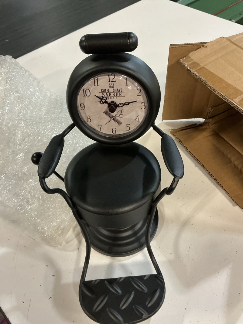 Condition photo showing Good Condition for barber gifts for men barber shop decor barber chair desk clock hairdresser hairstylist gift ideas table top clock 6.7" w x 8.6" h black