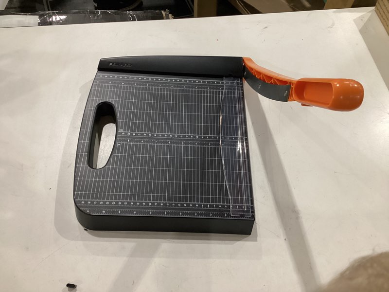 Condition photo showing Good Condition for fiskars recycled bypass guillotine paper cutter, 12" cut length, self-sharpening, paper trimmer for crafting and scrapbooking, arts and crafts supplies, photo cutter with 30% recycled materials