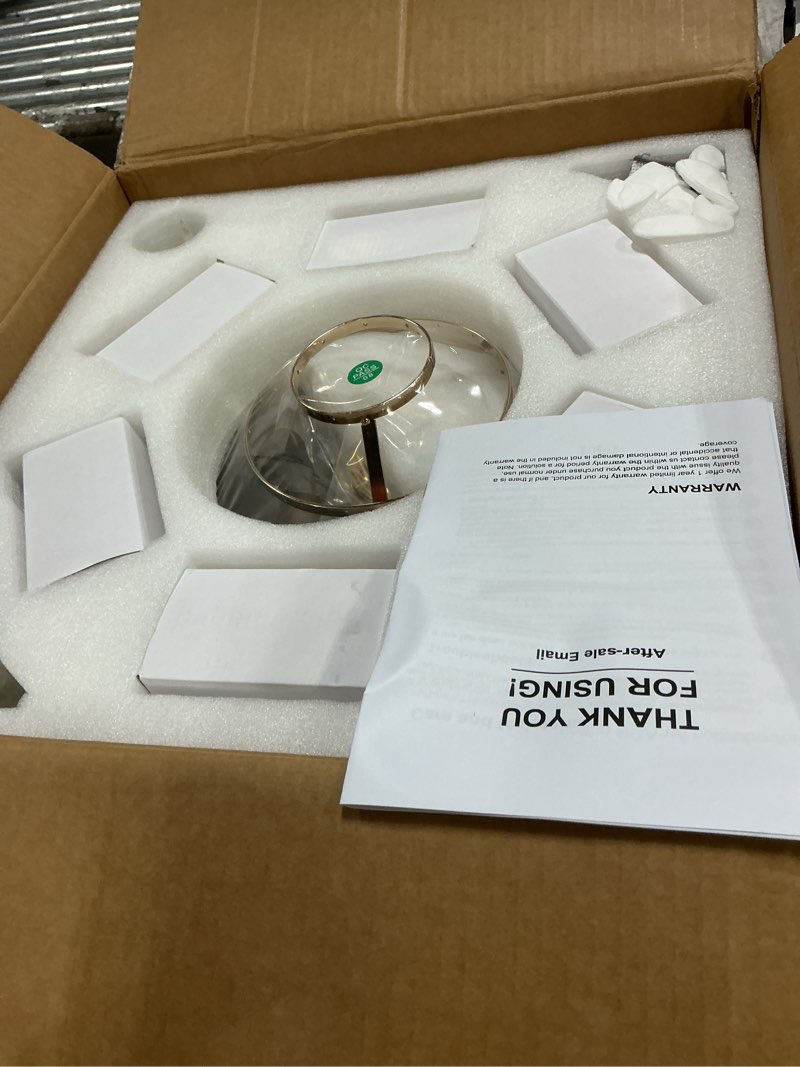 Condition photo showing New/Like New for finktonglan 36" gold crystal flush mount fandelier ceiling fan with light, retractable blades, dimmable 72w led, remote & app control, quiet reversible motor, 6 speeds for bedroom/living room gold-36"