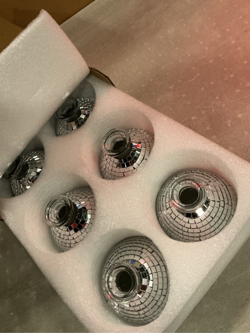 Condition photo showing New/Like New for layhit 6 pcs disco ball vase for flower and plant 4 inch small glass vase silver mirror mini disco ball planter for indoor outdoor wedding birthday home bedroom kitchen office decoration