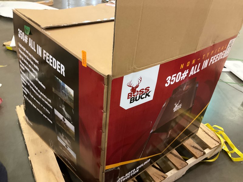 Condition photo showing As Is for BOSS BUCK 350 LB Deer Feeder / Hunting Durable Lightweight Plastic UV Protected Windproof Waterproof Gravity Feed With Protein 3 Feed Tubes Head, Multi-Piece Round Legs