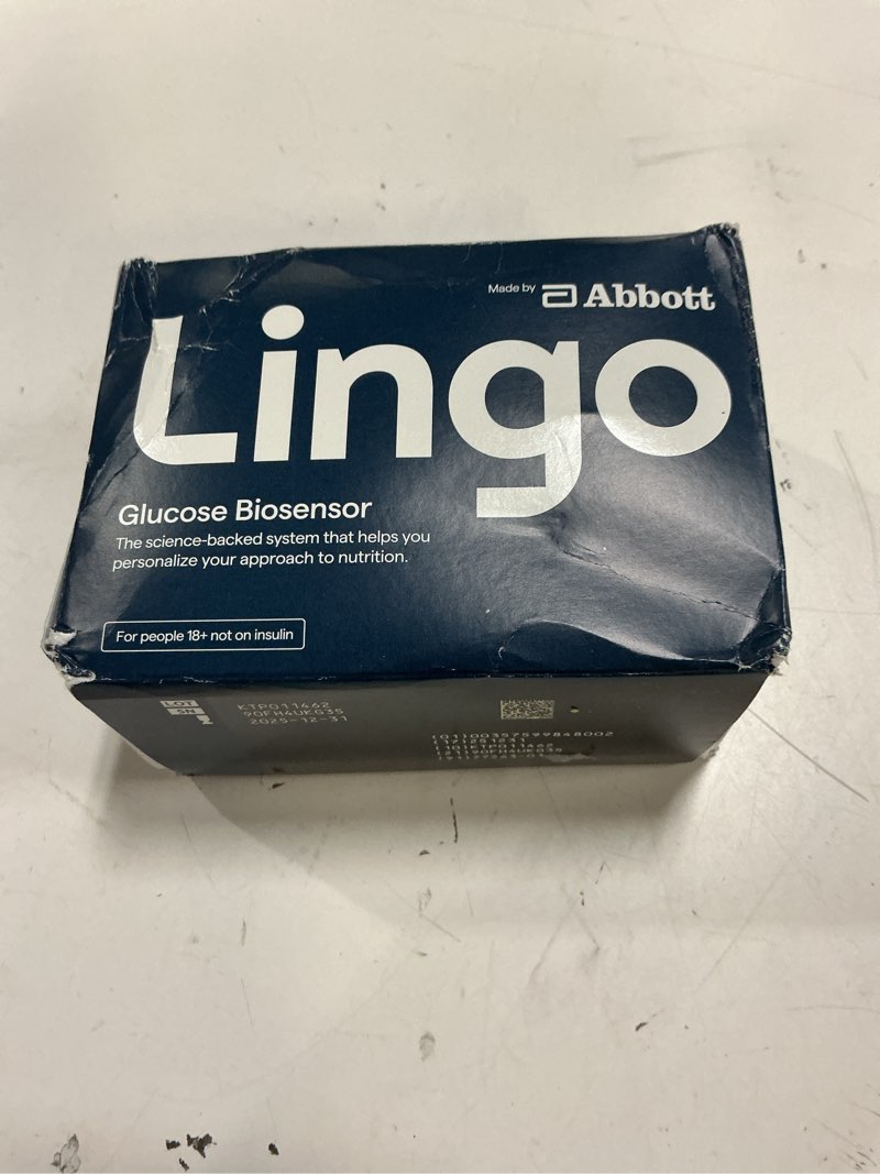 Condition photo showing New/Like New for Lingo Continuous Glucose Monitor (CGM) & App. Made by Abbott. Know the impact of what you eat. 1 Lingo biosensor lasts up to 14 Days*. Works with iOS and Android. US Only. Pack of 1