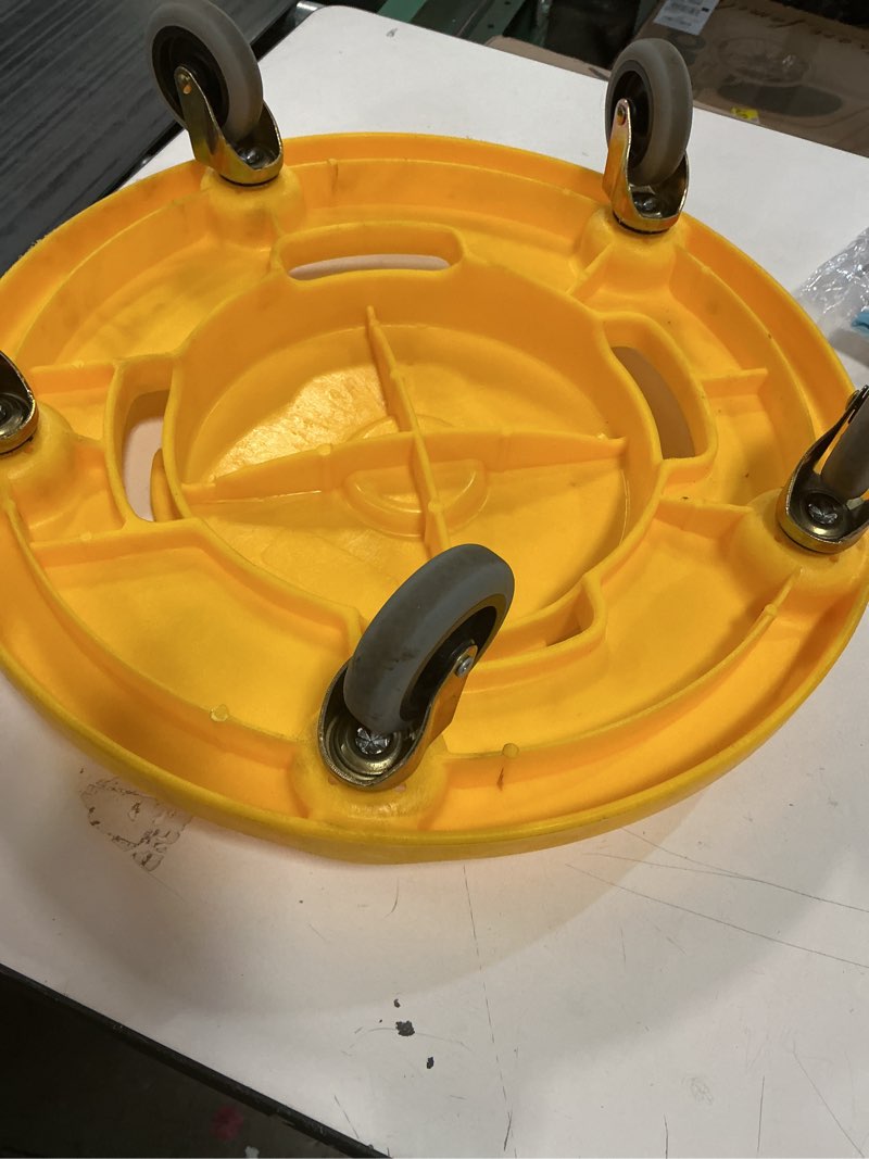 Condition photo showing Good Condition for MaxWorks 50933 Round Trash Can High Visibility Yellow Dolly with 5 Swivel Casters 18 inch Dolly for 20 32 44 55 Gallon Containers Twist ON & Off