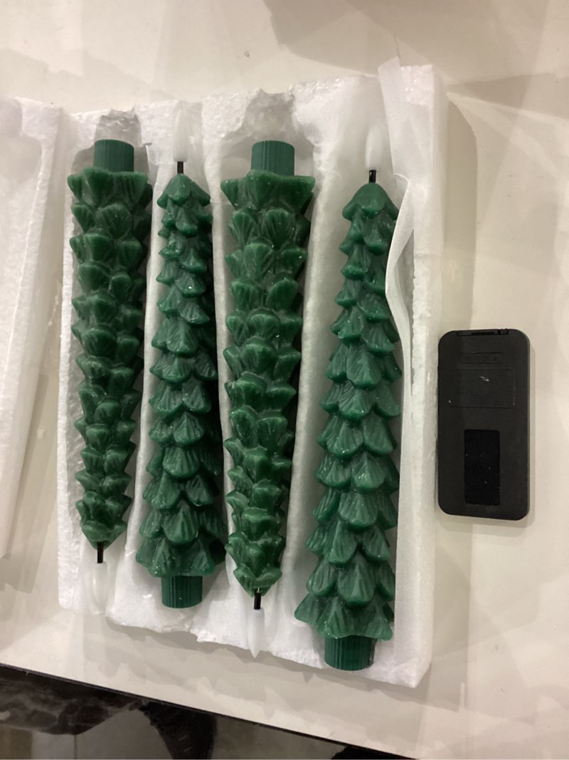 Condition photo showing Good Condition for Christmas Tree Candles with Remote Timer, 4 Pcs Waxy Flameless Taper Candles Flickering, Battery Operated LED Candlesticks with 3D Flame Wick, Green Window Candle for Christmas Decorations 5-Christmas Treex4