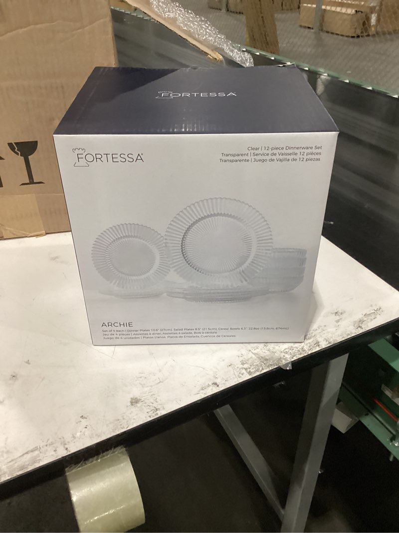 Condition photo showing New/Like New for fortessa archie glass 12 piece dinnerware set, service for 4, clear