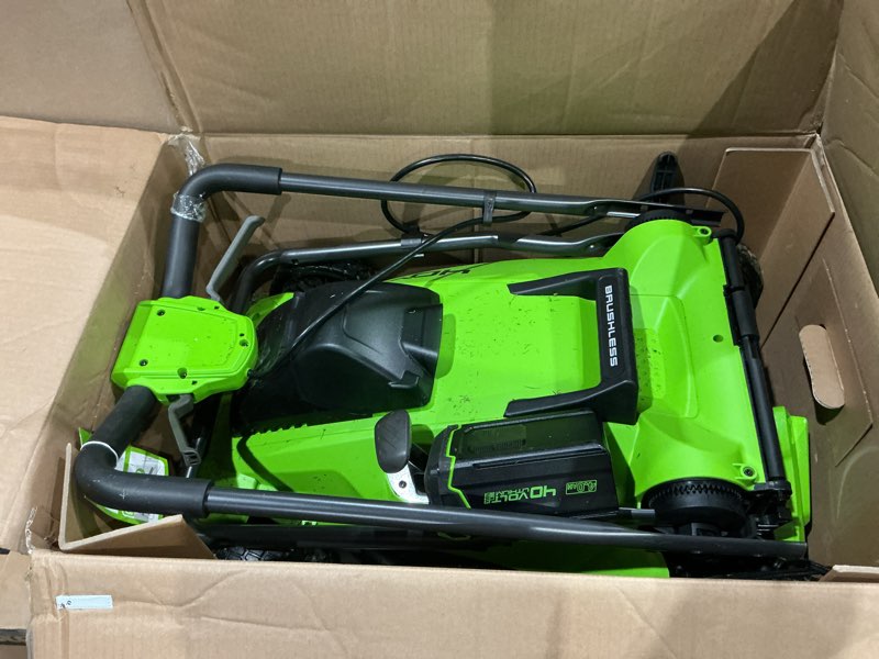 Condition photo showing As Is for greenworks 40v 16" (push) cordless lawn mower, 4.0ah battery (1/3 acre, push button start, compatible with 75+ tools) 16" (4.0ah)