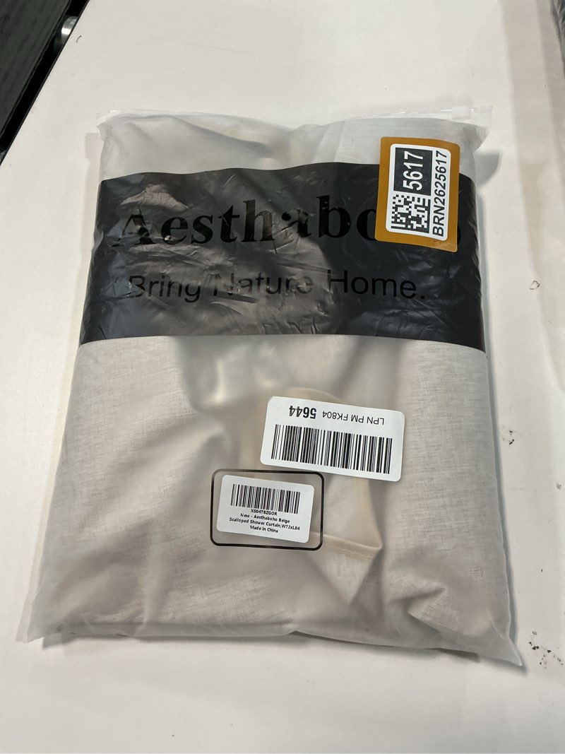 Condition photo showing New/Like New for Aesthaboho Beige Scalloped Extra Long Shower Curtain Linen Textured with 12 Metal Hooks Cute Heavy D