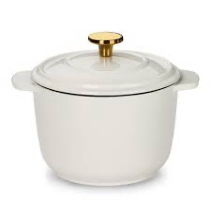 carote 2qt enameled cast iron dutch oven pot with lid, mini round dutch oven for small sourdough bread, stews, soups, sauces, beans, rice, serves 1-2, dual handles, healthy & non-toxic, all stovetop compatible, oven safe up to 500° f, white
