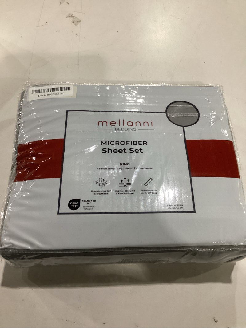 Condition photo showing New/Like New for mellanni king sheets set - 4 pc iconic collection bedding - hotel luxury, extra soft, cooling bed sheets - wrinkle, fade, stain resistant (king, light gray) king 1364 light gray