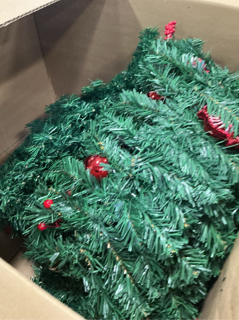 Condition photo showing As Is for MorTime 4 Pack 9 FT LED Christmas Garland with Pinecones Red Berries Bows Christmas Balls Candies, Multi-Function Christmas Garland with 50 Warm White LED Lights, 180 Branch Tips 4PACK 9 FT LED Christmas Garland