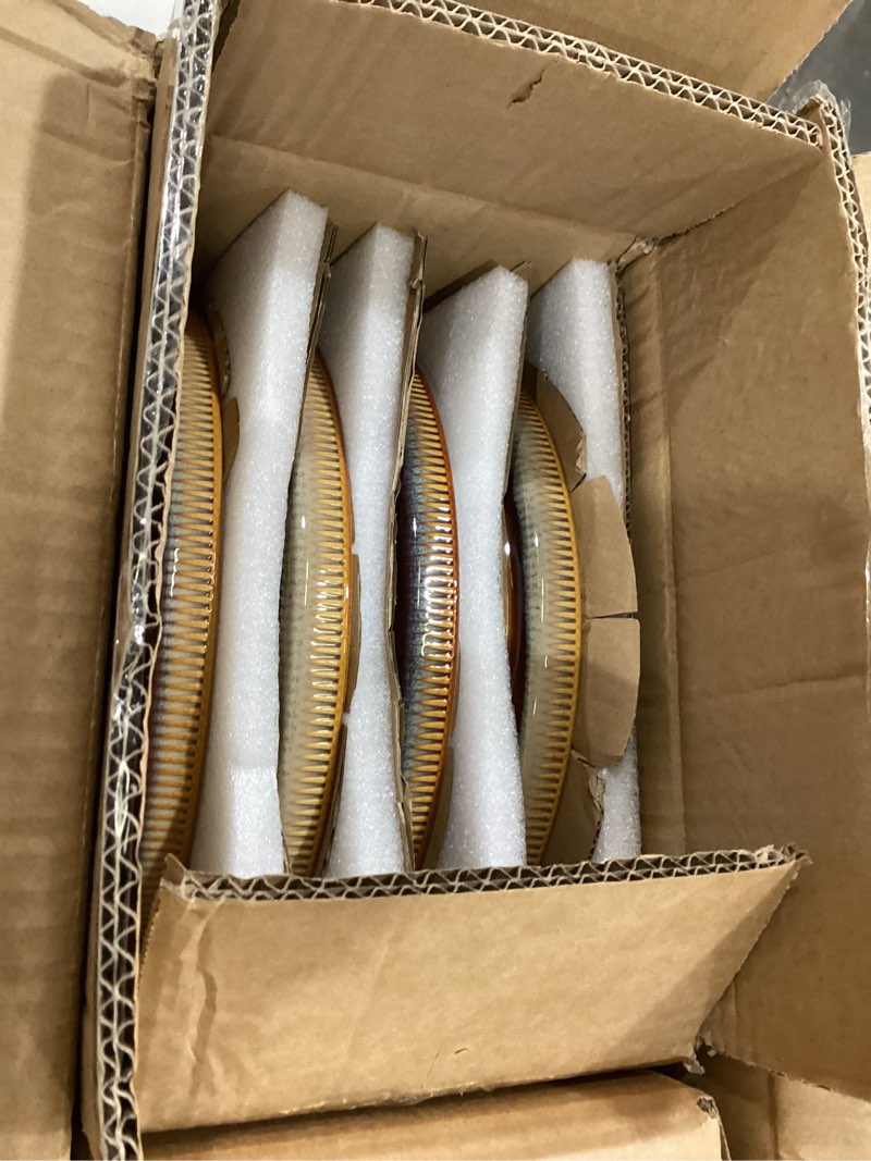Condition photo showing Good Condition for theterra ceramic dinnerware sets for 4, 12 pieces handmade reactive glaze plates and bowls set, scratch resistant dish set, oven & microwave & dishwasher safe, creamy amber