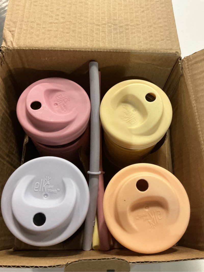 Condition photo showing Good Condition for elk and friends kids + toddler glass cups | the original 12oz glass mason jar with sleeves + lids | silicone straws + stopper | smoothie cup | food storage | blush/lilac/peach/lemon | 4 pack