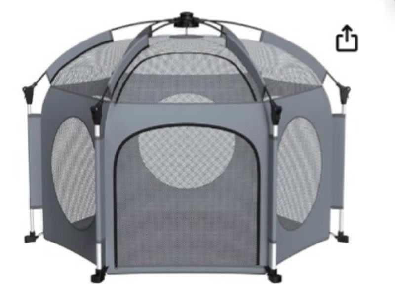 PRObebi Portable Pop Up Playpen for Babies and Toddlers - Grey Lightweight Outdoor Play Yard with Three Sun-Shade - Beach and Indoor Use with Travel Bag