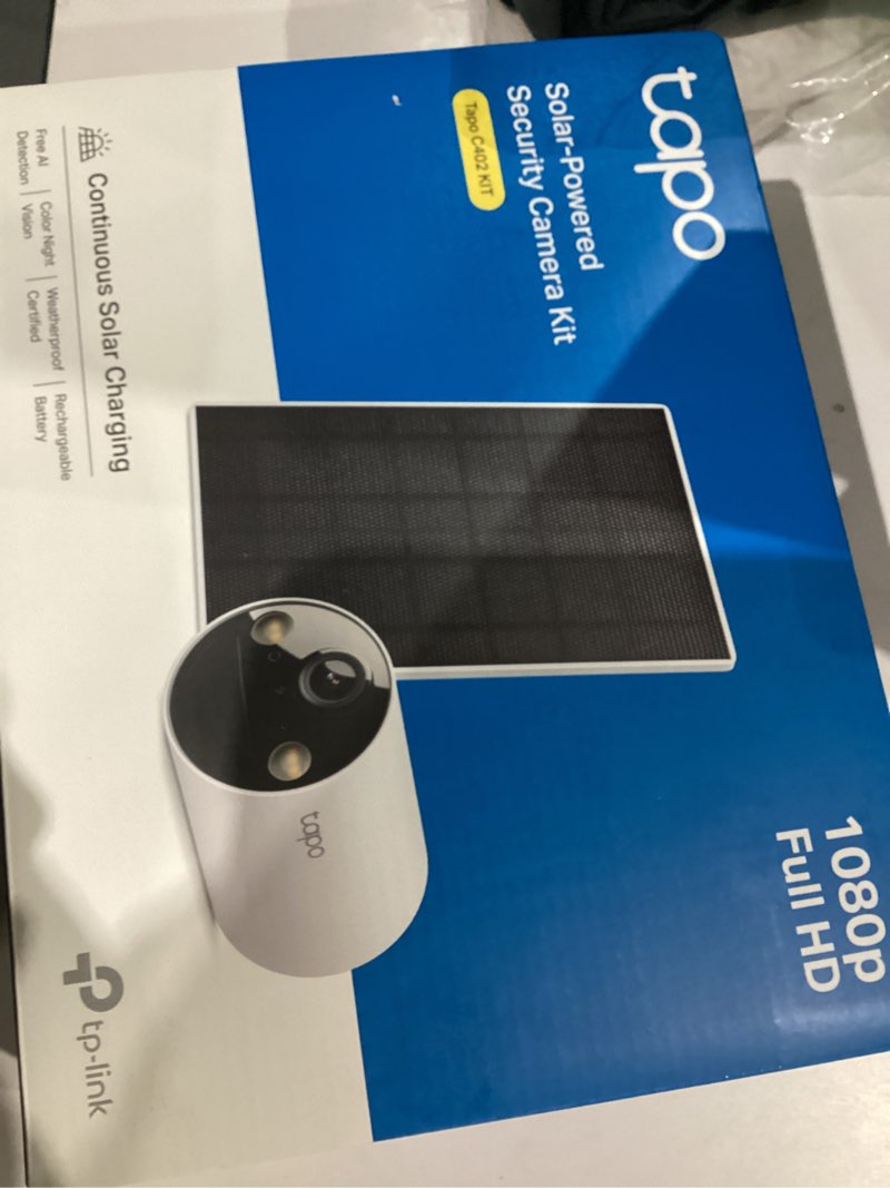 Condition photo showing New/Like New for Tapo SolarCam 1080p Outdoor Wireless Security Camera - Battery Power with Solar, Person Detection, Subscription-Free Local Storage or Optional Cloud, Works with Alexa & Google Assistant, C402 KIT White 1080p SolarCam 1080p