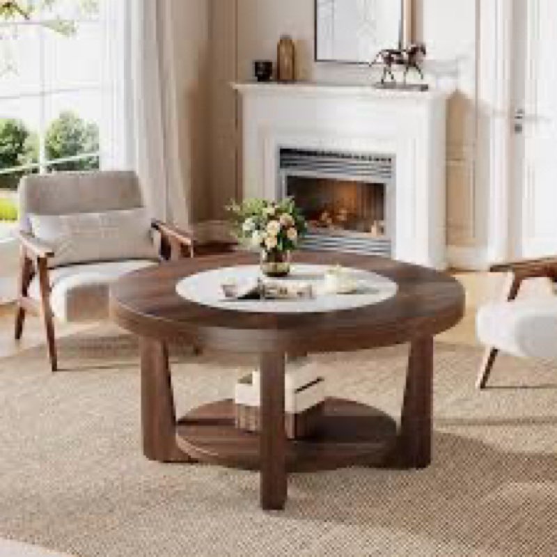 31.5'' Solid Wood Legs Round Coffee Table with 2-Tier Storage