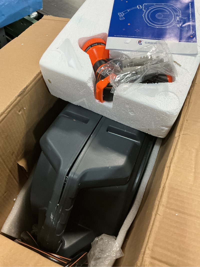 Condition photo showing Good Condition for giraffe tools retractable garden hose reel - automatic rewind, wall mounted garden hose reel with 180° swivel,any length lock, 9-pattern nozzle, 5/8" x 90 ft, dark grey 90ft swivel bracket dark grey