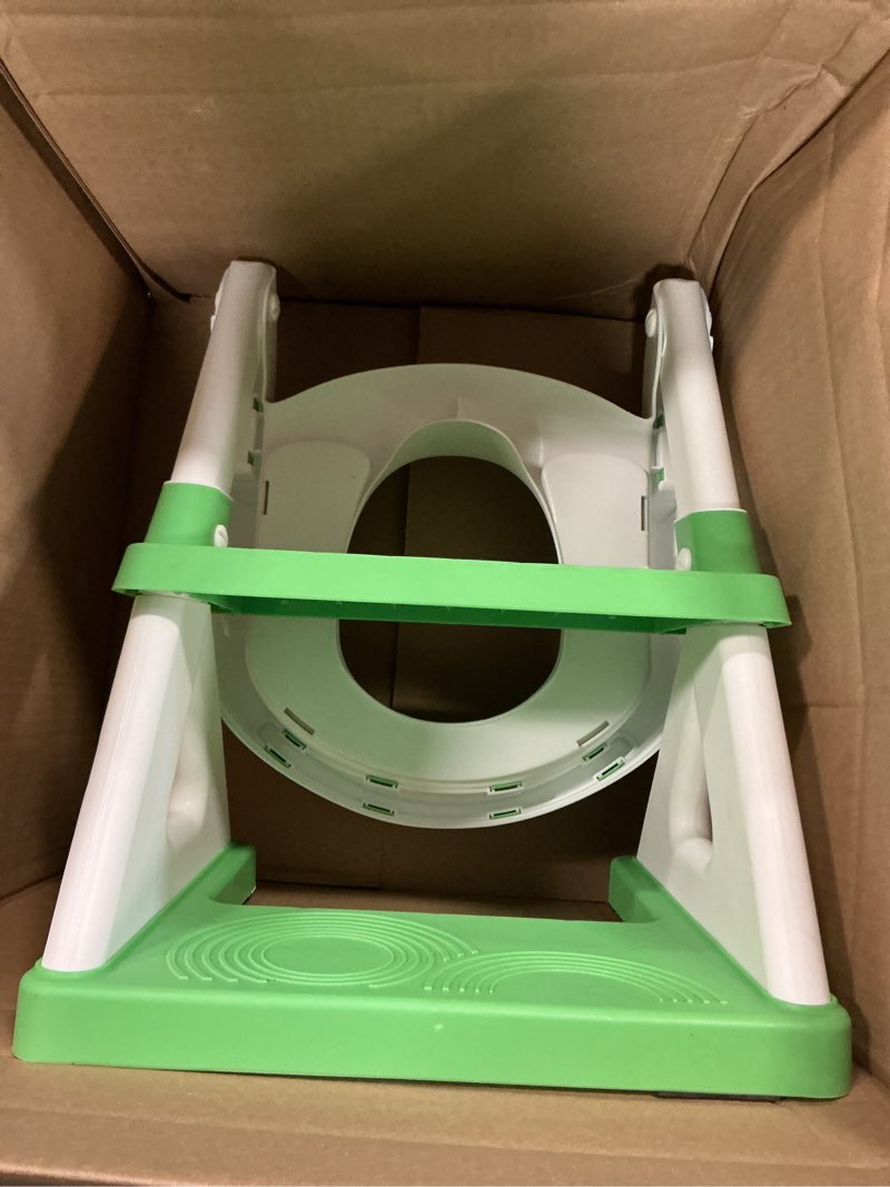 Condition photo showing As Is for 2 In 1 Potty Training Toilet Seat & Toddler Step Stool, Bottom Triangle Stability Toddler Toilet Seat, Adjustable Step & Seat Height Potty Seats (Green) d-Green