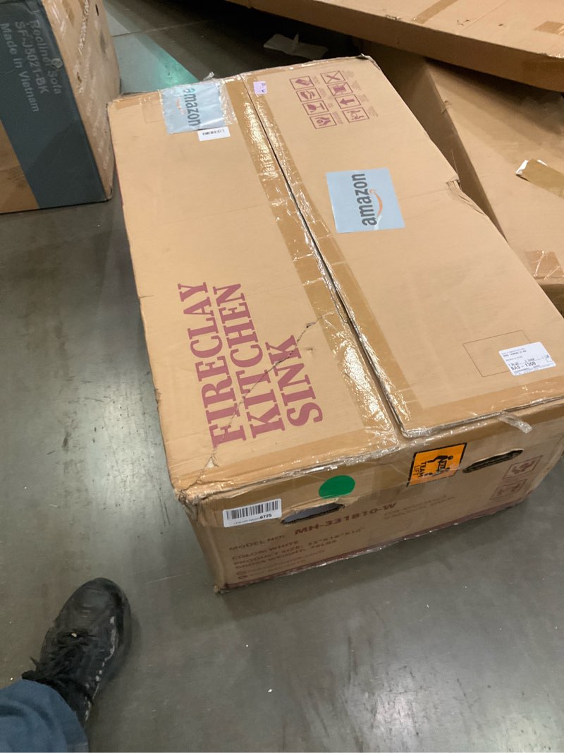 Condition photo showing Good Condition for White Farmhouse Sink 33 x 18 Inch, Firecaly Apron Front Undermount Farm Sink, Single Bowl, with Accessories 2 Types, Pure White, for Kitchen