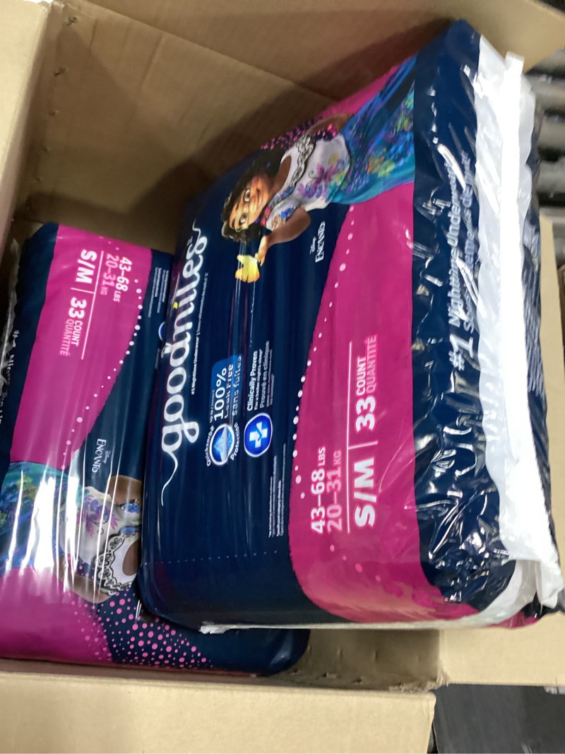 Condition photo showing New/Like New for goodnites girls' bedwetting underwear, size s/m (43-68 lbs), 99 ct (2 packs of 33), packaging may vary small/medium 99
