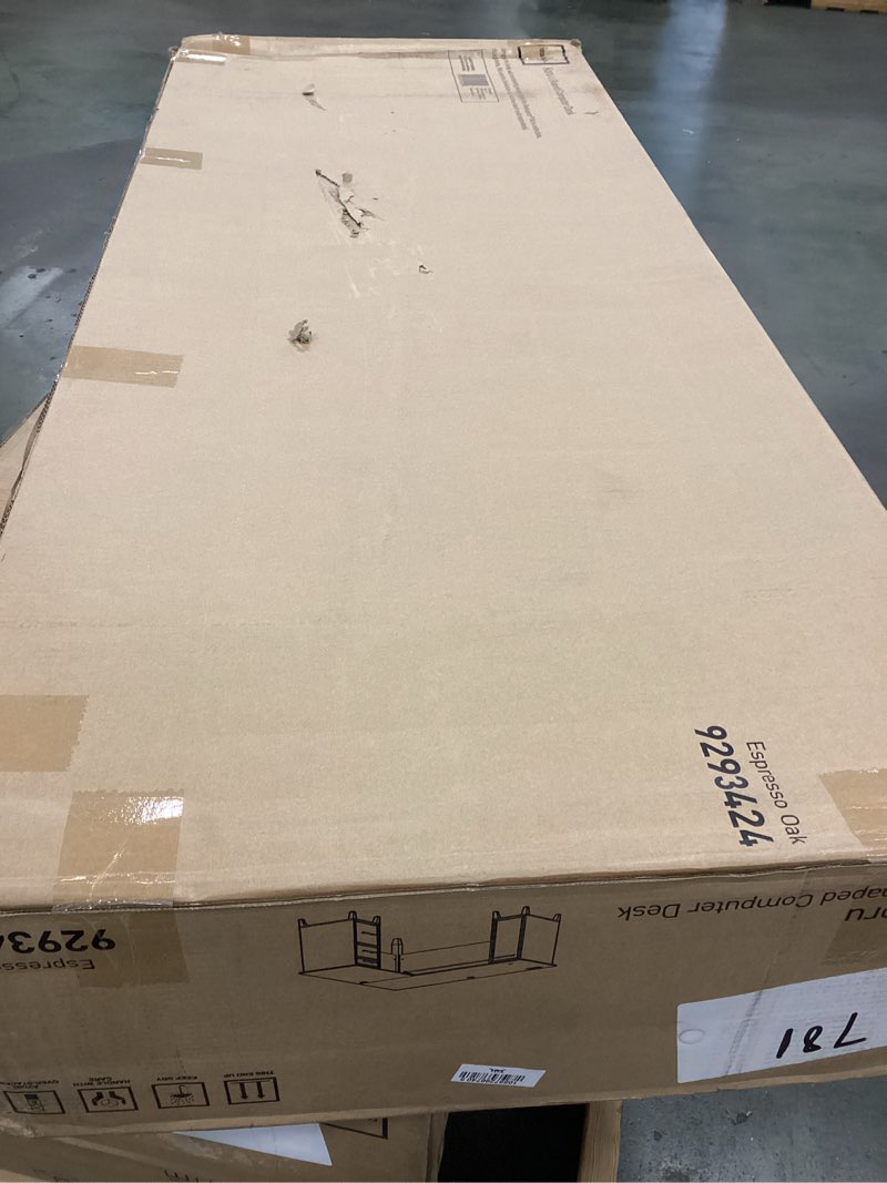 Condition photo showing New/Like New for Realspace® Koru 60"W L-Shaped Corner Computer Desk with Integrated Power & Charging, Espresso Oak