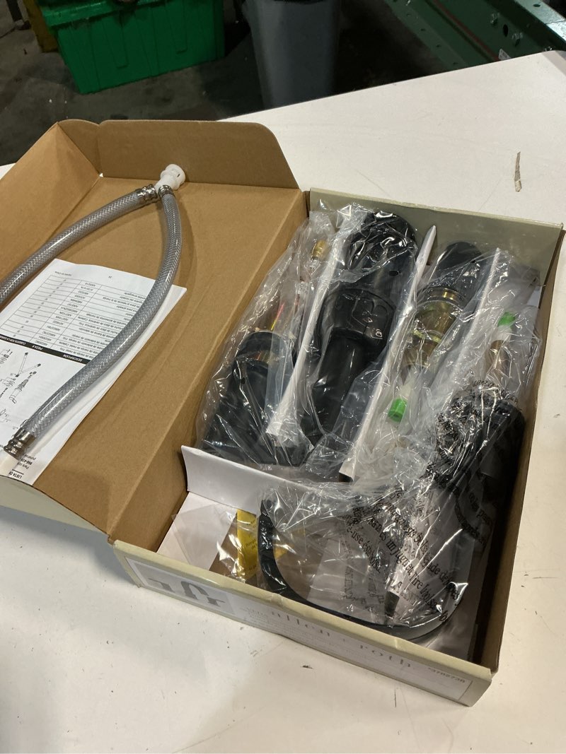 Condition photo showing New/Like New for allen + roth Veda Matte Black Widespread 2-handle WaterSense High-arc Residential Handle Bathroom Sink Faucet with Drain