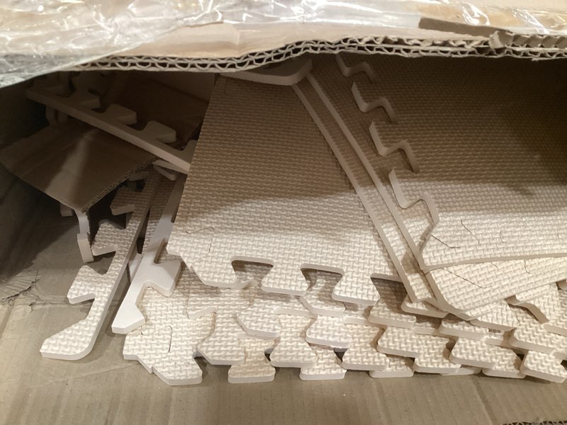 Condition photo showing As Is for yostrong® 18 tiles interlocking puzzle foam baby play mat with straight edges for playing - eva babies crawling mat | rubber floor work out mats for home gym. beige. yoc-jb18s18 18 tiles + straight edge beige