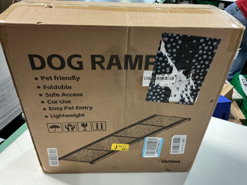 Condition photo showing New/Like New for dog ramp for car 63" x 17", folding pet ramp for large dogs with non-slip rug surface, portable dog car ramp for suv car & truck 63" l x 17.3" w