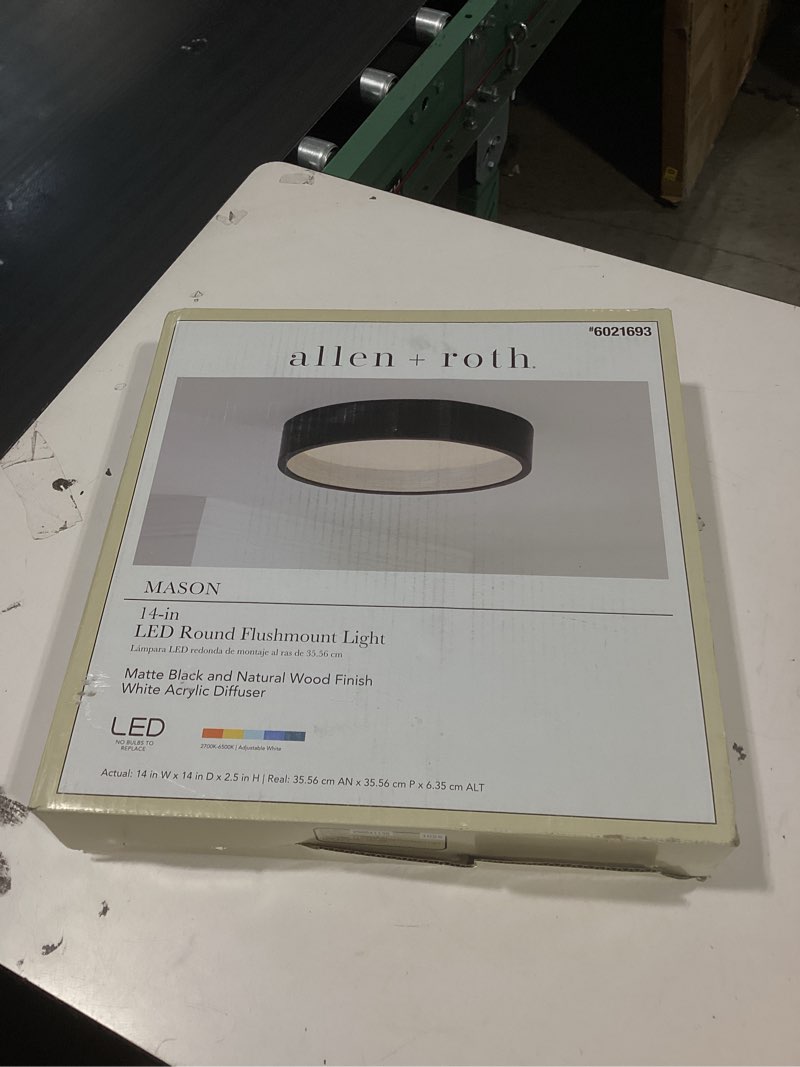 Condition photo showing As Is for allen + roth mason 14.25-in black indoor led flush mount light with plastic shade