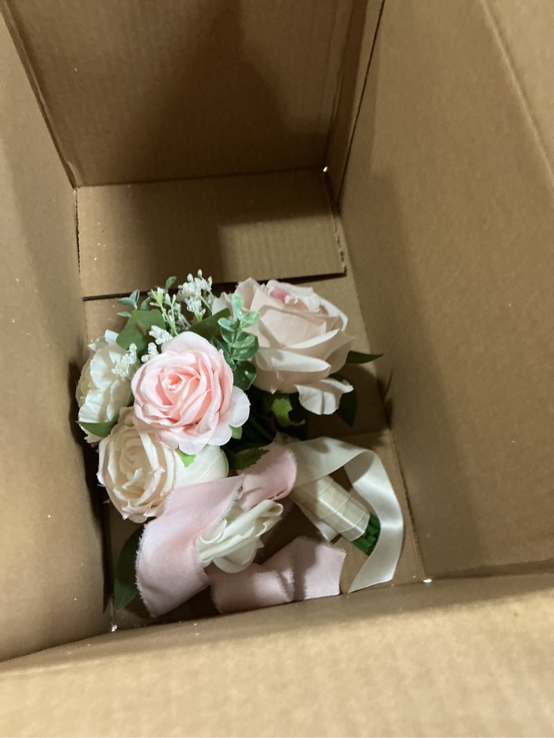 Condition photo showing As Is for 10 Inch Blush Wedding Bouquets for Bride Artificial Roses Flower Cascading Cascade Bridal Bouquet for Rustic Boho Fall Vintage Wedding Ceremony Party and Anniversary
