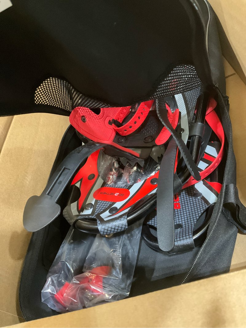 Condition photo showing As Is for G2 21/25/30/36 Inches Light Weight Snowshoes with Toe Box, EVA Padded Ratchet Binding, Heel Lift, Flexible Pivot Bar, Durable Back Strap, Trekking Poles, Carrying Bag, Snow Baskets(6 colors available) Red 21"(Up to 150lbs)