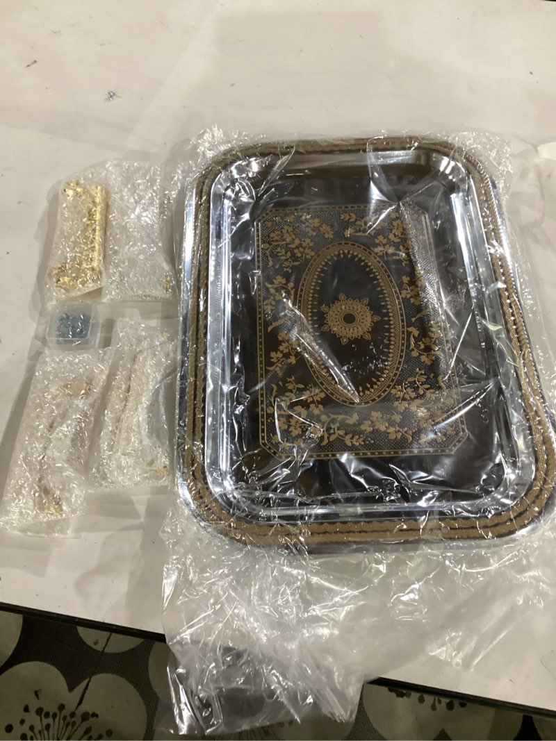 Condition photo showing Good Condition for 4 pack stainless steel serving tray with handle, 16 x 11.4 inch large plate elegant floral metal platter tableware for buffet wedding birthday decorative gold rectangle
