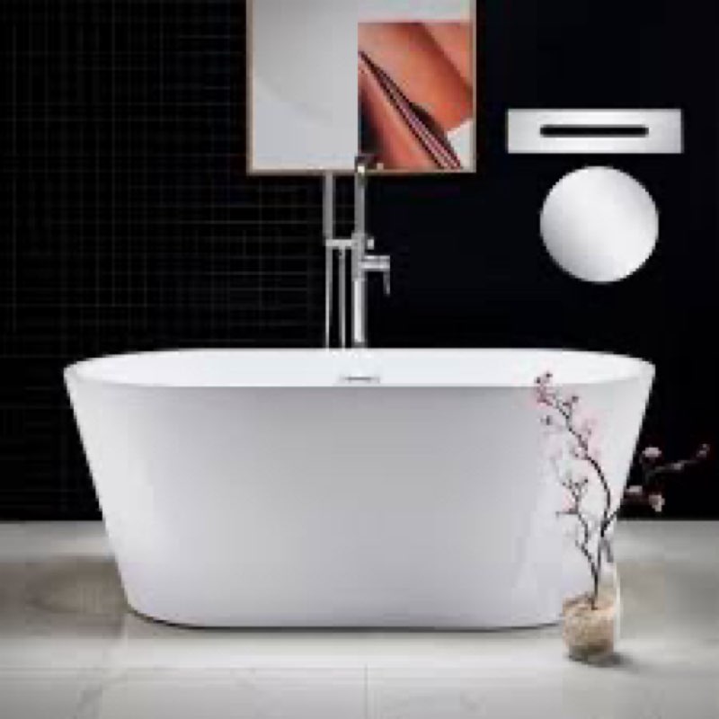 WOODBRIDGE 59" Acrylic Freestanding Bathtub Contemporary Soaking White Tub with Chrome Overflow and 