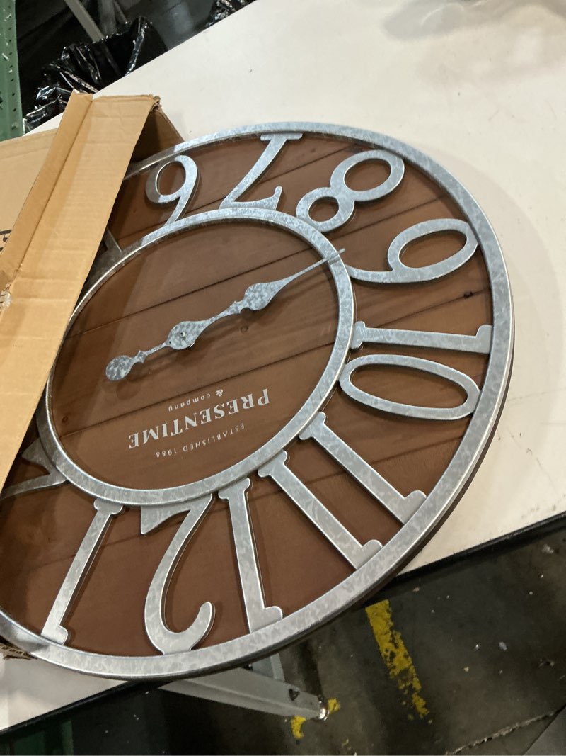 Condition photo showing Good Condition for presentime & co vintage farmhouse series, galvanized rustic barnwood clock, 19.5 inch, galvanized finish arabic numerals with weathered natural barnwood, farmhouse décor/wall décor