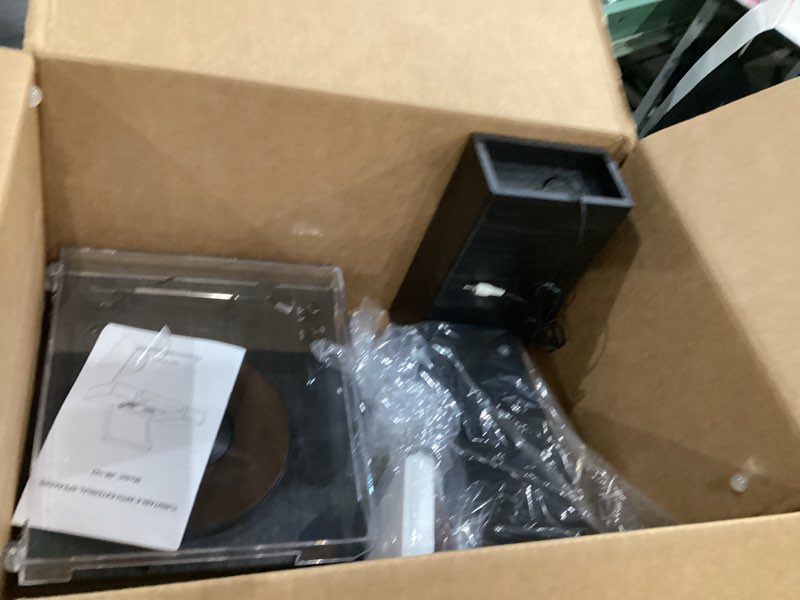 Condition photo showing As Is for record player with 2x external speakers turntable bluetooth input belt-driven 3-speed (33, 45, 78 rpm) lp player turntables for vinyl records with rca output, aux in, auto stop, black