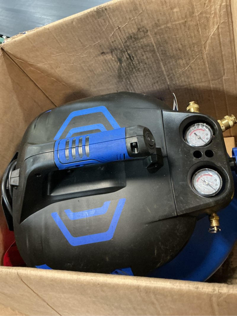 Condition photo showing As Is for kobalt 6-gallon portable electric 175 psi pancake air compressor