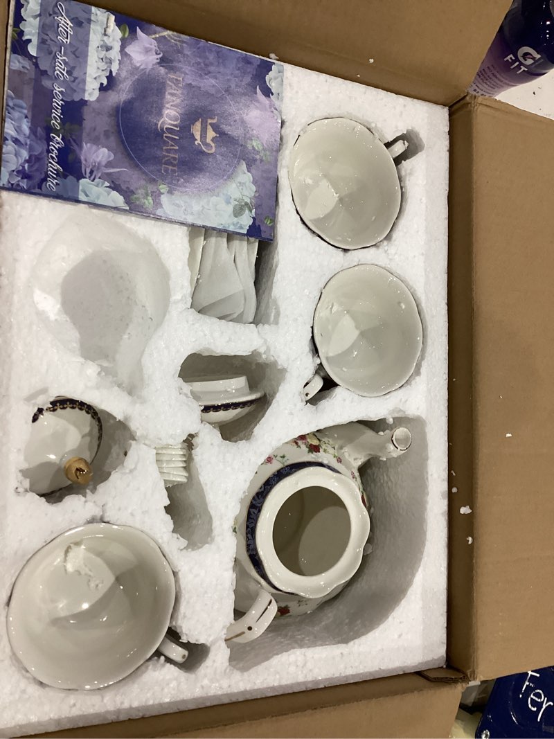 Condition photo showing As Is for INCOMPLETE SET fanquare Bone China Tea Sets for Adults, 21-Piece Blue Lace and Roses Porcelain Tea Service with Sugar Bowl & Creamer, English Cremic Floral Teacups Set of 6 for Women Tea Party Blue and Roses