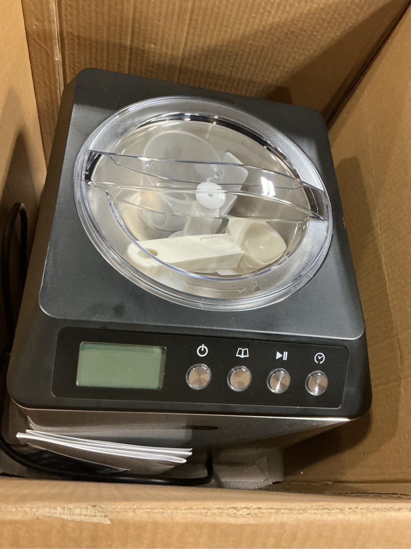 Condition photo showing As Is for broken whynter ice cream maker machine automatic 2.1 qt. upright with built-in compressor, lcd digital display & timer, no pre-freezing, icm-201sb, stainless steel 2.1 quart stainless steel