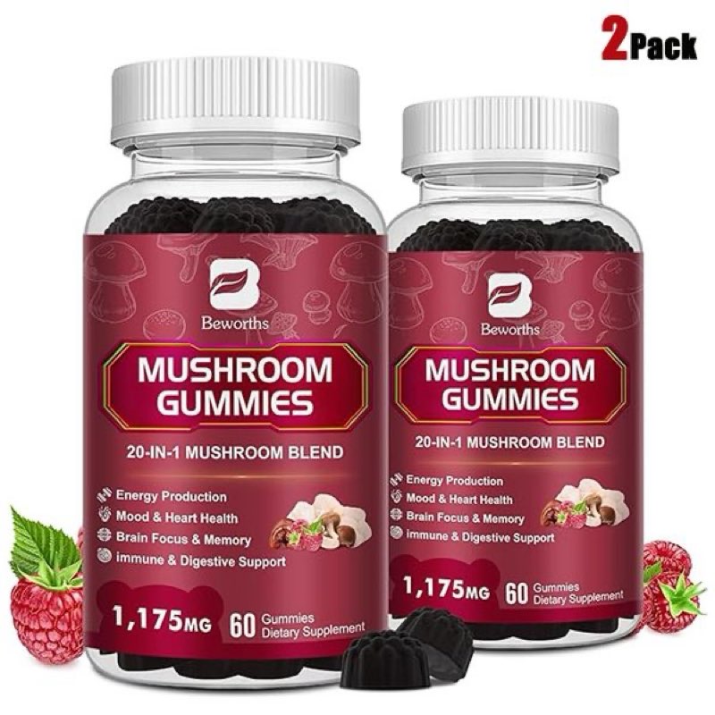 2 pack mushroom gummies, 20 in 1 lions mane mushroom complex supplement with reishi, chaga, cordyceps & more for adult, support for brain, focus & cognitive health, vegan, raspberry flavor, 120ct
