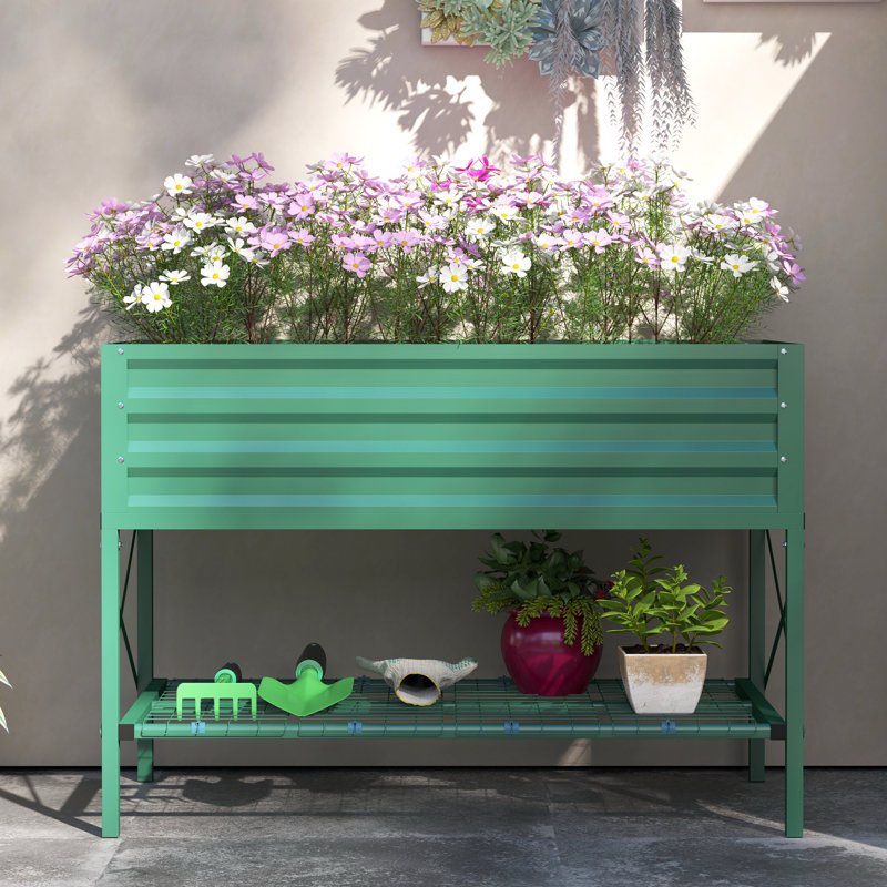 Raised Garden Bed with Galvanized Steel Frame, Storage Shelf and Bed Liner, Elevated Planter Box with Legs for Vegetables, Flowers, Herbs Color: Green