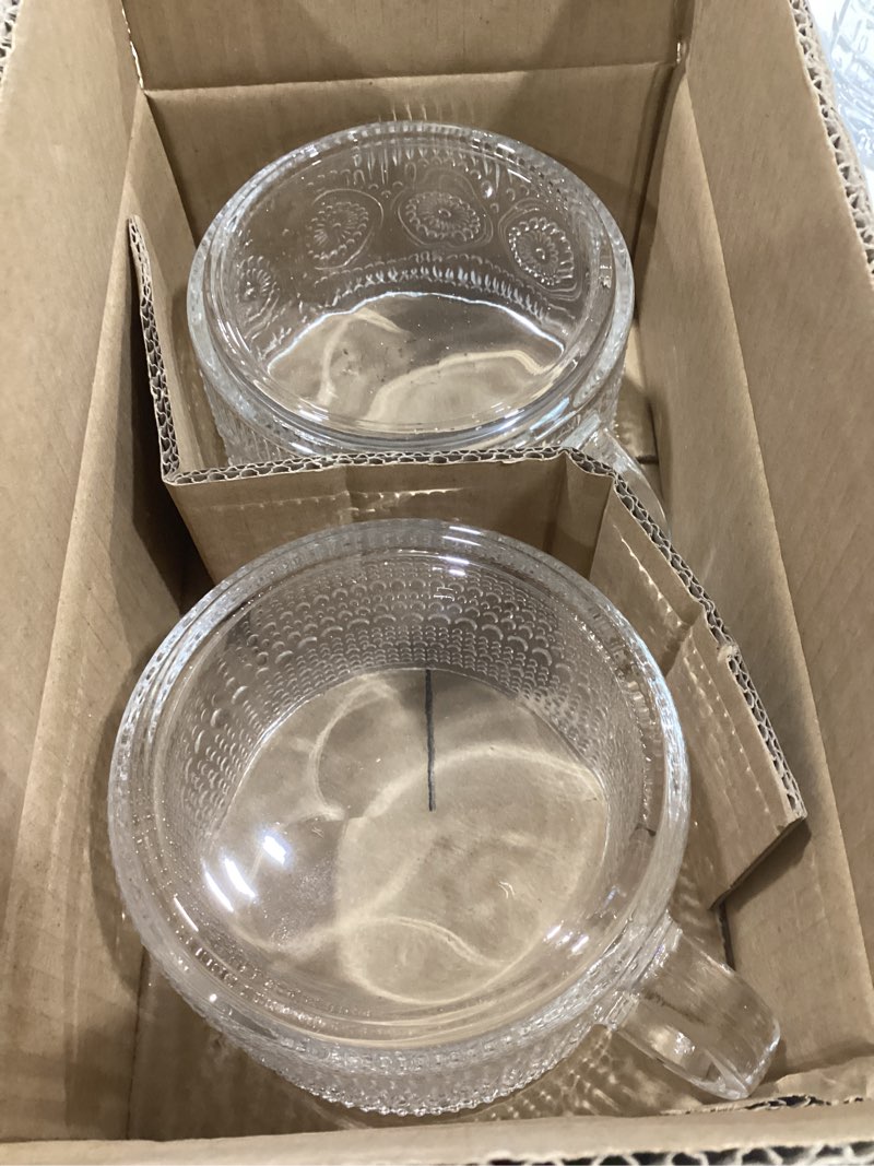 Condition photo showing New/Like New for bandesun vintage glass coffee mugs tea cups, 14 oz set of 2 - stackable embossed, glassware with handle, for cappuccino, latte, cereal, yogurt, beverage hot/cold, milk