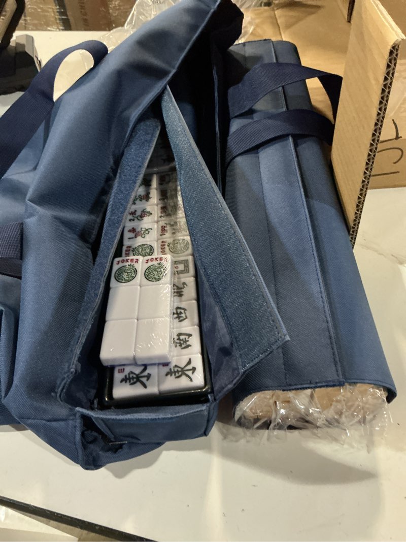 Condition photo showing Good Condition for yellow mountain imports american mahjong set, indigo tides - blue soft case, 4 all-in-one racks with pushers, wright patterson scoring coins, dice, & wind indicator