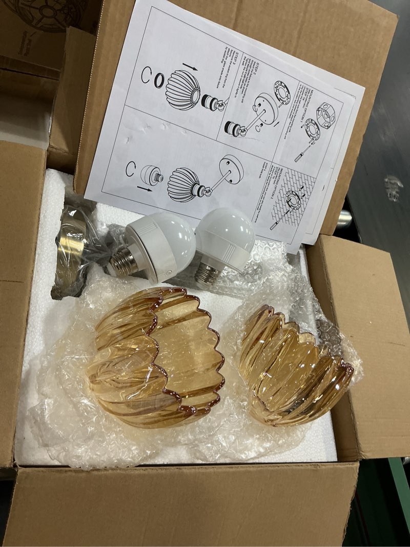 Condition photo showing New/Like New for vintage battery operated wall sconce, amber tulip glass lampshade wireless rechargeable battery powered led wall light with remote dimmable for bedside bedroom doorway living room, set of 2 gold-amber gold