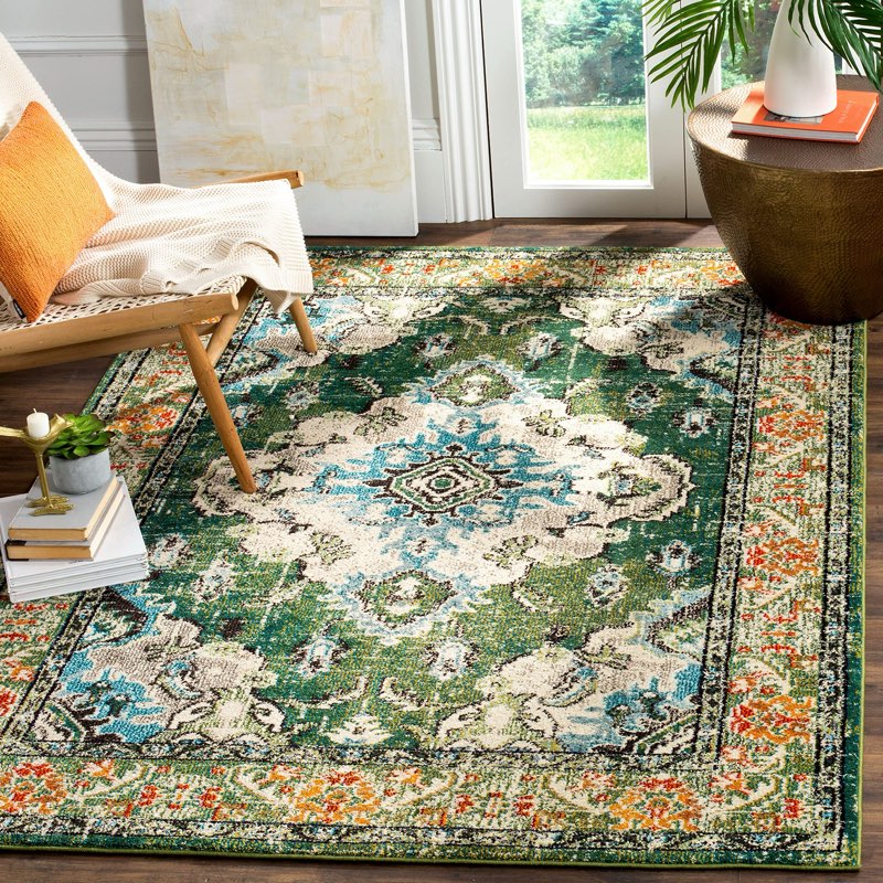 safavieh monaco collection area rug - 6'7\" x 9'2\", forest green & light blue, medallion distress