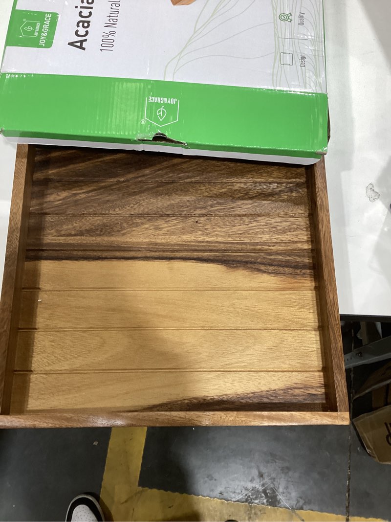 Condition photo showing Good Condition for Large Acacia Wooden Serving Tray with Handles 20 x 14 inch Decorative Coffee Table Ottoman Tray for Living Room Extra Large for Kitchen Dinner Food Bar Breakfast in Bed (Color Natural) Natural Wood 20" x 14" x 2.4"