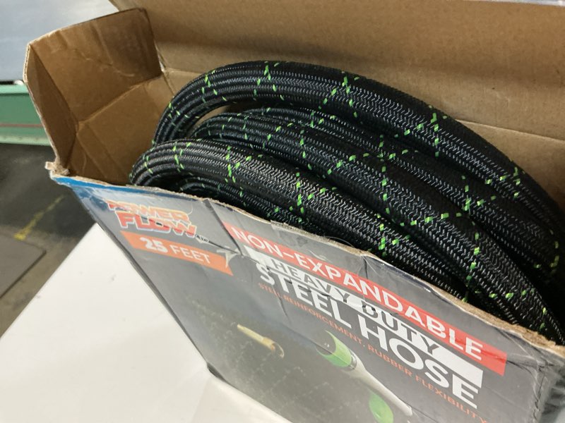 Condition photo showing Good Condition for PowerFlow Garden Hose, NON-EXPANDABLE 25 Feet Premium Quality Stainless Steel Metal Water Hose with Durable Fabric Skin, Hose For Commercial, Residential Use, Bonus 10-way Spray Nozzle (25 Ft, Black) 25 Feet Black