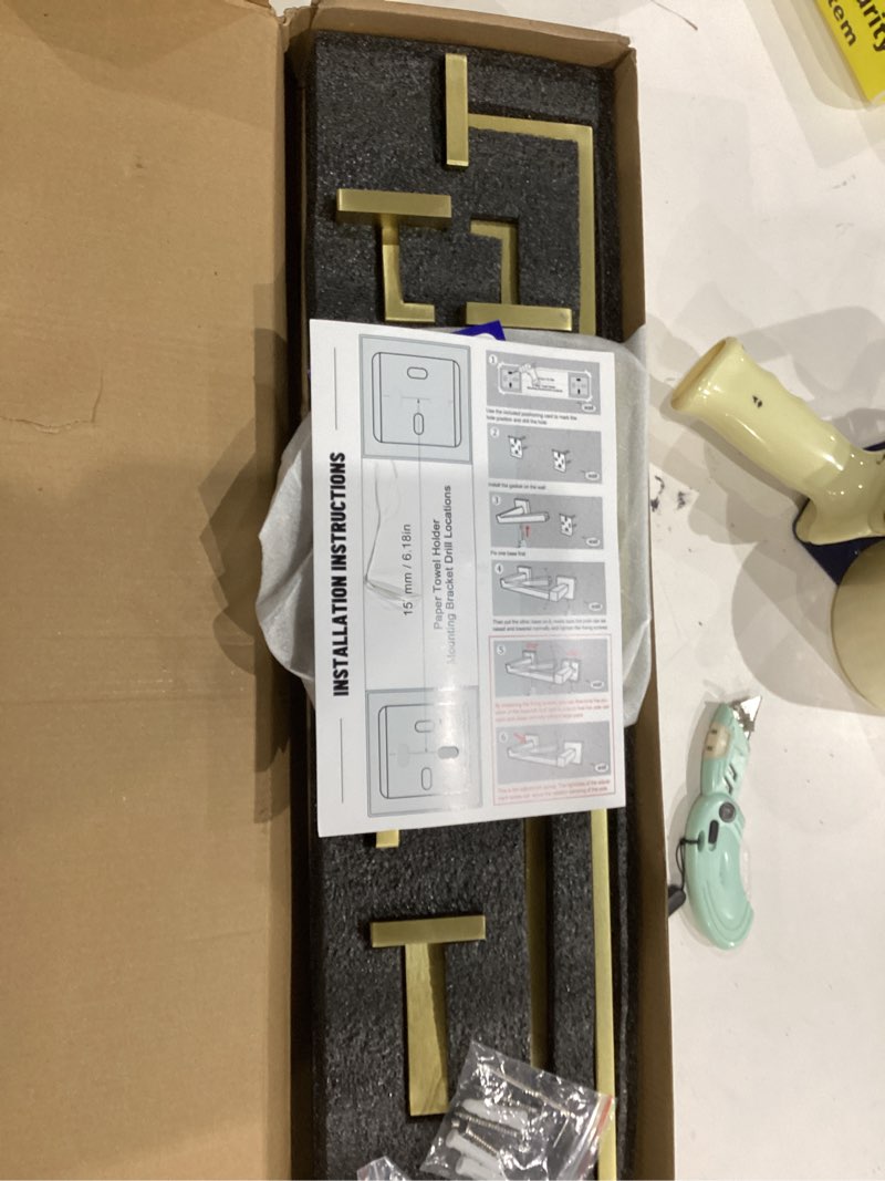 Condition photo showing Good Condition for TQKAG Brushed Gold Bathroom Hardware Accessories Set 5 Pieces, Double Post Pivoting Toilet Paper Holder Set Stainless Steel Square Bathroom Towel Bar Holder Set Wall Mounted Brushed Dark Gold 5-Pieces Set