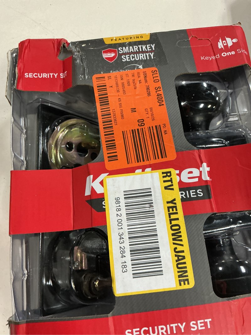 Condition photo showing As Is for kwikset pismo keyed entry knob and single cylinder deadbolt combo pack featuring smartkey security in matte black