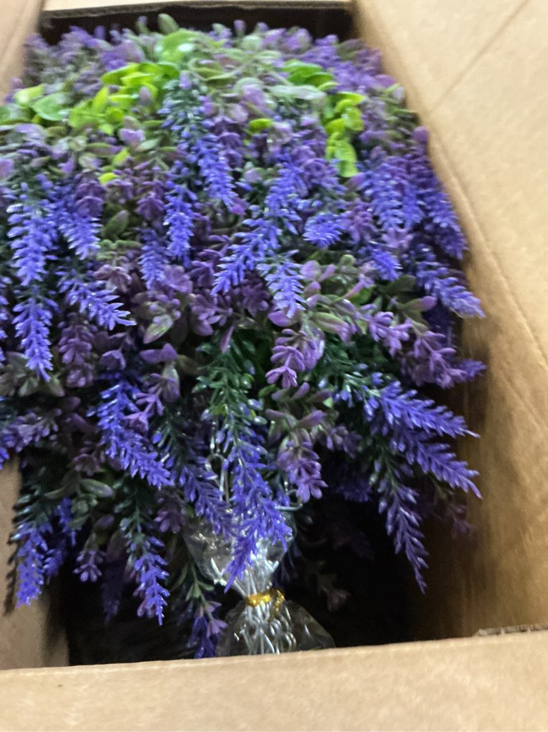 Condition photo showing New/Like New for vierena 2 sets artificial lavende & eucalyptus leaves hanging basket for outdoor,uv-resistant fake flower hanging basket for porch,window,garden,farmhouse,eaves,yard decor